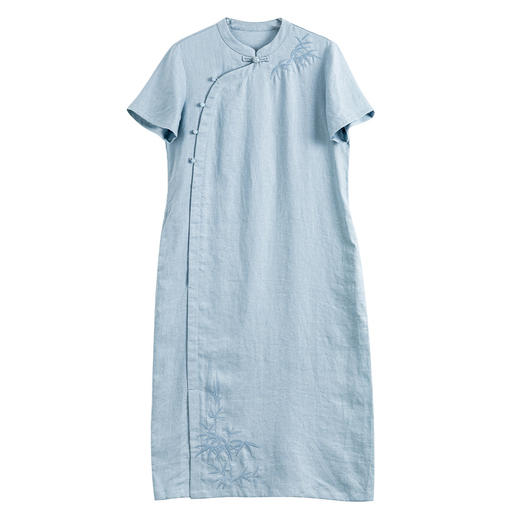 HM-S492春季中国风改良式旗袍裙高端亚麻立领竹子刺绣侧开叉文艺连衣裙 商品图4