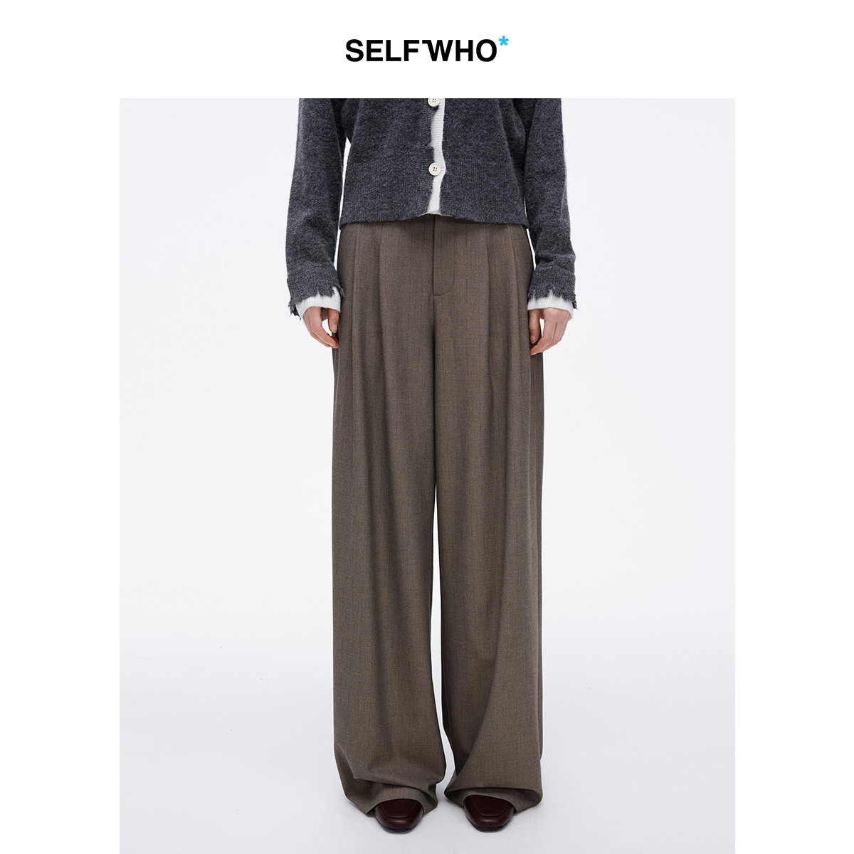 SELFWHO经典双褶阔腿西裤女2025春季新款宽松显瘦百搭通勤休闲裤