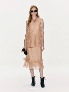 【橘子汽水】立体压褶花边设计透视上衣