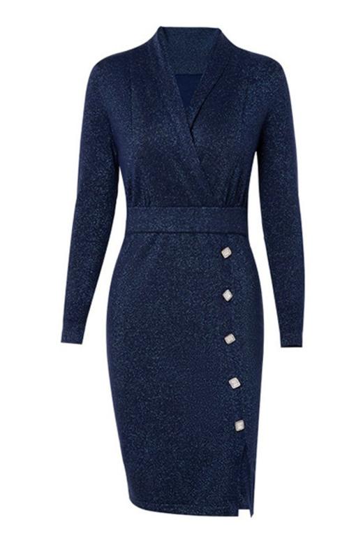 Fleur Wood V领显瘦开衩蓝色连衣裙 11668 商品图4