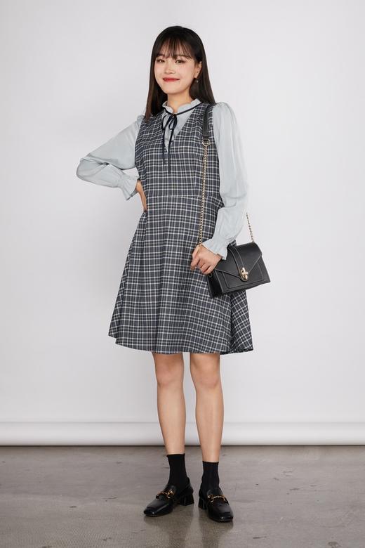 Le Malene 灰蓝格纹假两件连衣裙 11556 商品图0