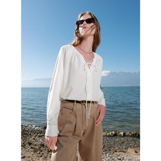 三彩2025春季新款宽松中长白衬衫系带V领长袖衬衣设计感气质M 商品图3