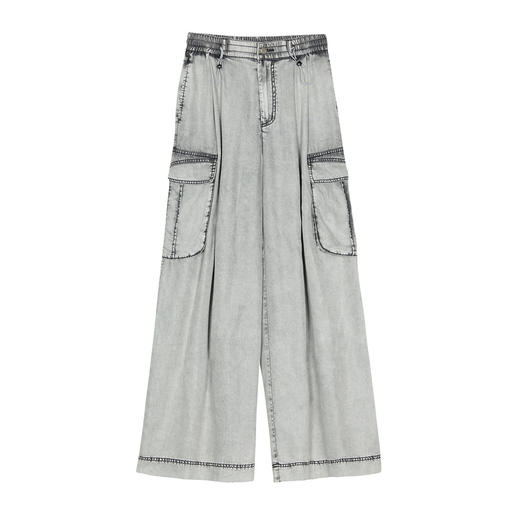 谜底阔腿裤牛仔裤女2025春季新品复古工装风大口袋长裤251MK0116 商品图4