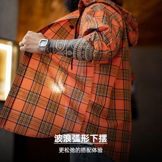 工装优选美式休闲色织格纹帽衫橘红复古连帽衬衫宽松长袖衬衣男春 商品图4