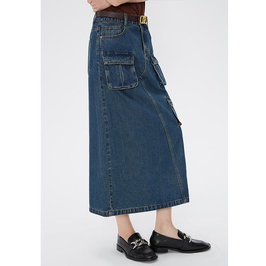 NEELLY纳俪商场同款春秋港风机能中长款半身裙女纯棉后开叉牛仔裙N24084E04649 商品图2