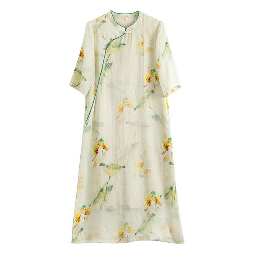 HM-S489春季高端苎麻印花改良旗袍裙文艺彩绘中式斜襟立领盘扣连衣裙 商品图4