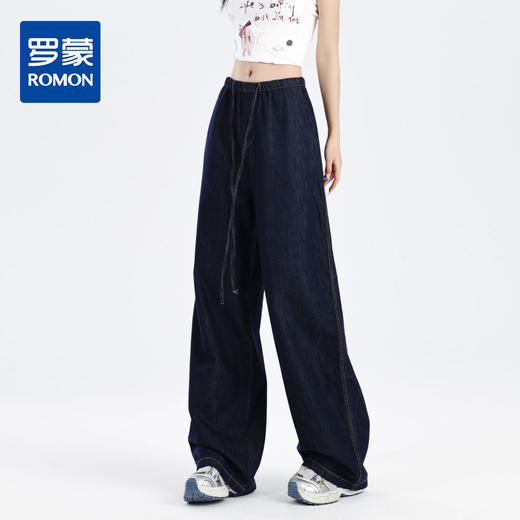 【莱赛尔棉】罗蒙春夏牛仔裤女士松紧腰抽绳牛仔裤宽松舒适休闲百搭阔腿裤女长裤 商品图1