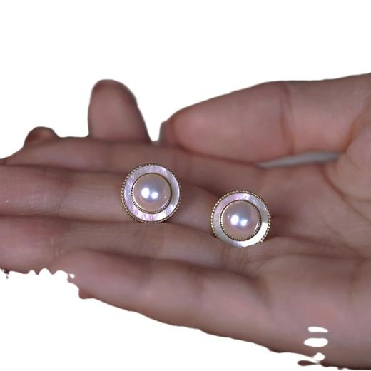 日月轮丨正品实拍6A强光天然扁圆淡水珍珠白蝶贝镶嵌S925银针耳钉 商品图4