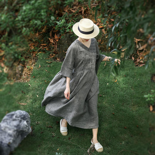 HM-S478春季新款高端亚麻连衣裙千鸟格纹V领复古棉麻大摆裙长裙 实拍 商品图1