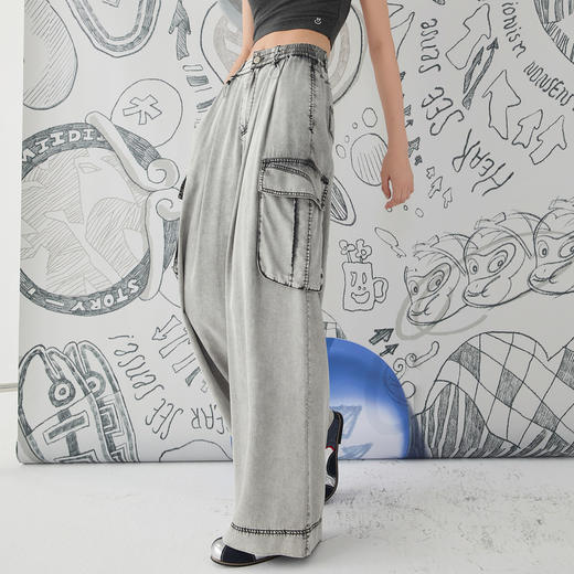 谜底阔腿裤牛仔裤女2025春季新品复古工装风大口袋长裤251MK0116 商品图1