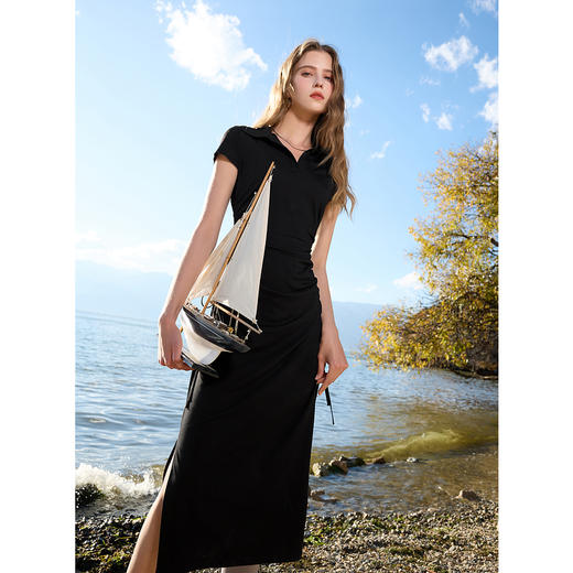 三彩2025春季新款Polo领小黑裙短袖修身收腰连衣裙休闲裙子M 商品图3