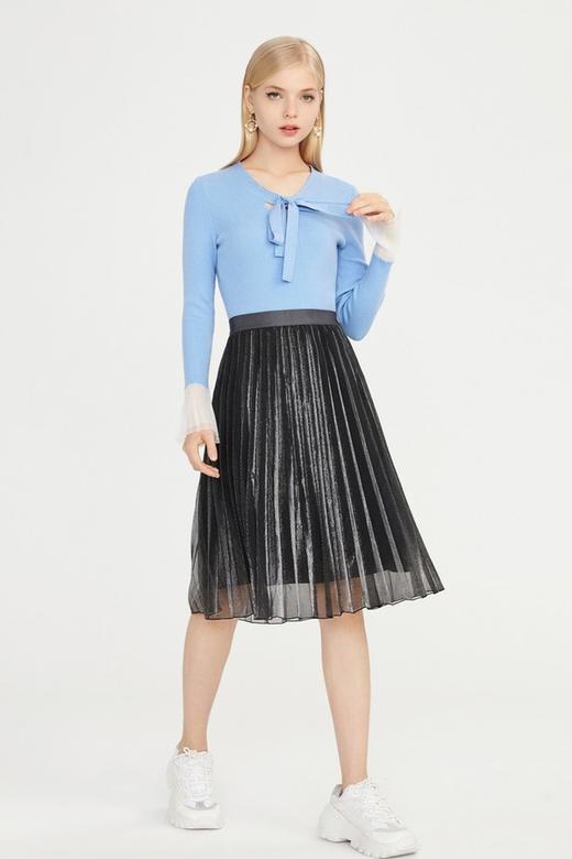 LILY 白色压褶袖口蓝色针织上衣 11610 商品图1