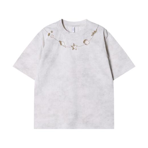 T2246春夏新款时尚个性扎染撞色刺绣镂空圆领短袖T恤百搭情侣套头上衣 商品图1