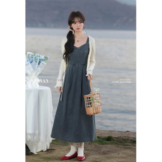 鹿向南「春日序曲」蓝色连衣裙米白色开衫套装 商品图2