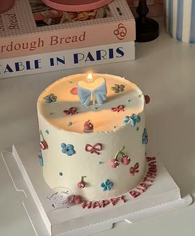 【优品系列】--【多巴胺手绘樱桃蝴蝶结蜡烛】生日蛋糕      单层加高三层夹心