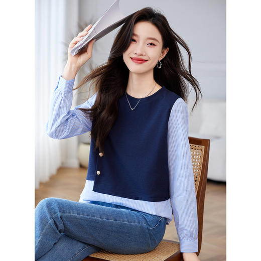 CC-QL-Y8552假两件拼接长袖衬衫女春秋2025新款衬衣时尚洋气卫衣条纹打底上衣 商品图2