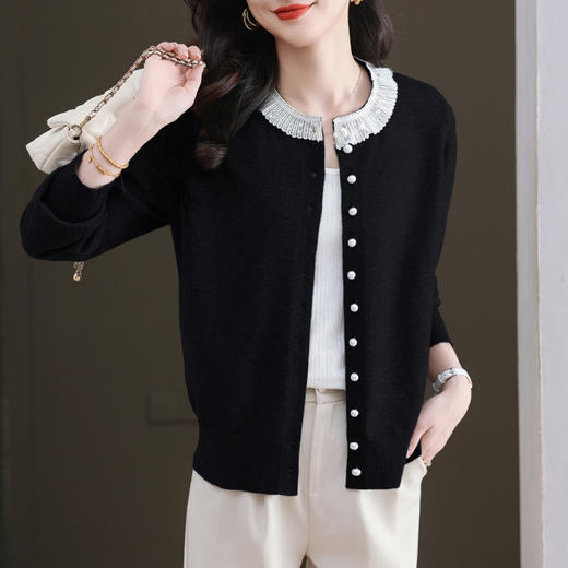 CC-11-9117小个子外套女士蕾丝花边针织开衫2025春秋装新款钉珠洋气短款上衣 商品图3