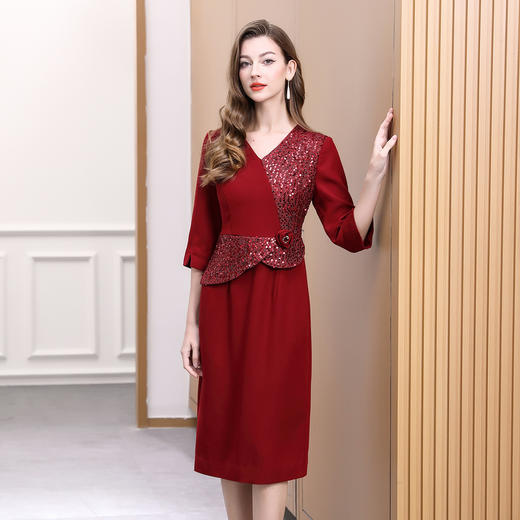 DNO-5AA1117-1春秋季新款2025年大码酒红色连衣裙喜婆婆平时可穿婚宴礼服 商品图2