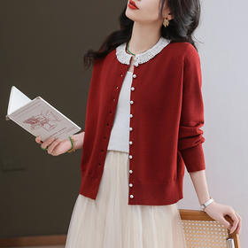 CC-11-9117小个子外套女士蕾丝花边针织开衫2025春秋装新款钉珠洋气短款上衣