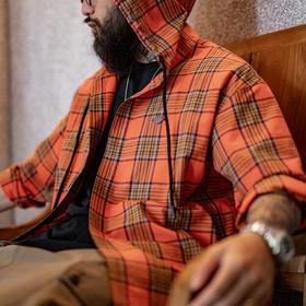 工装优选美式休闲色织格纹帽衫橘红复古连帽衬衫宽松长袖衬衣男春