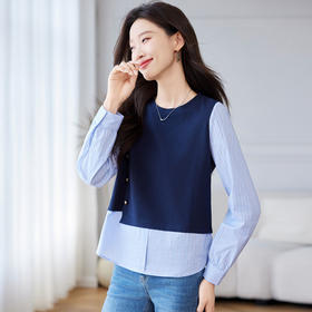 CC-QL-Y8552假两件拼接长袖衬衫女春秋2025新款衬衣时尚洋气卫衣条纹打底上衣