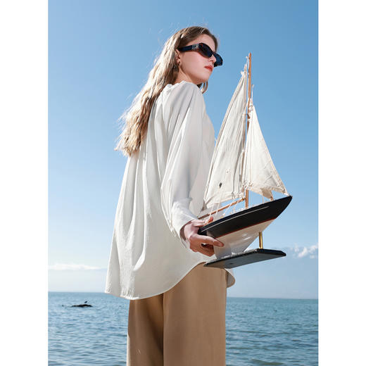 三彩2025春季新款宽松中长白衬衫系带V领长袖衬衣设计感气质M 商品图1