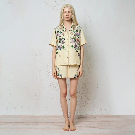 Soloseta女士海边度假风短袖短裤套装丝麻印花睡衣2025年秋 商品图4
