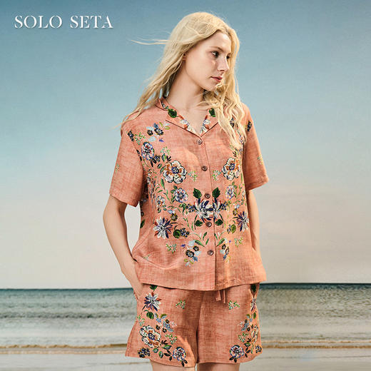 Solo seta女士海边度假风短袖短裤丝麻套装印花睡衣2025年秋季 商品图0