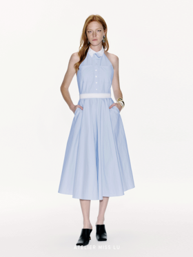 【夏日海风】立体兰花裁片拼接挂脖露背大摆连衣裙