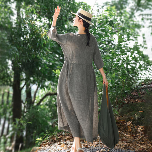 HM-S478春季新款高端亚麻连衣裙千鸟格纹V领复古棉麻大摆裙长裙 实拍 商品图3