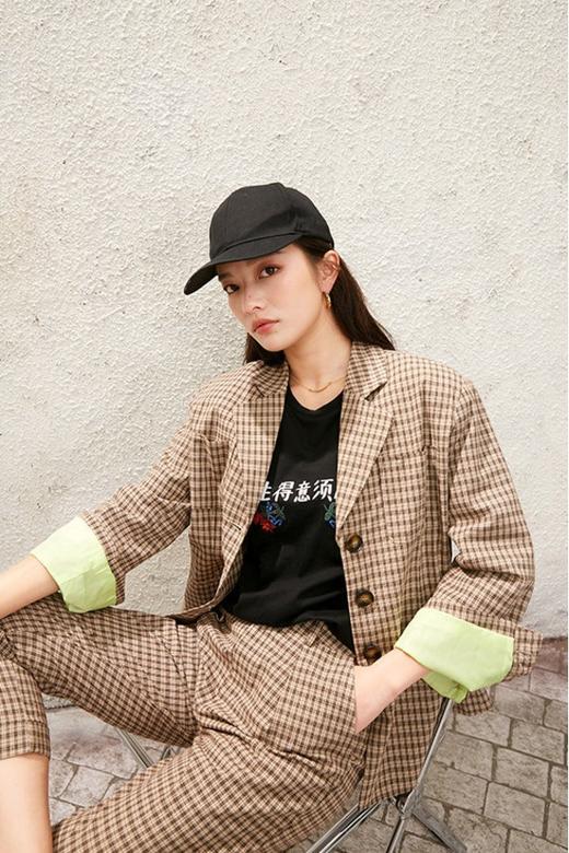 森宿 绿色格纹拼接外套长裤套装 11622 商品图3