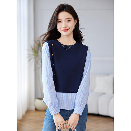 CC-QL-Y8552假两件拼接长袖衬衫女春秋2025新款衬衣时尚洋气卫衣条纹打底上衣 商品图3