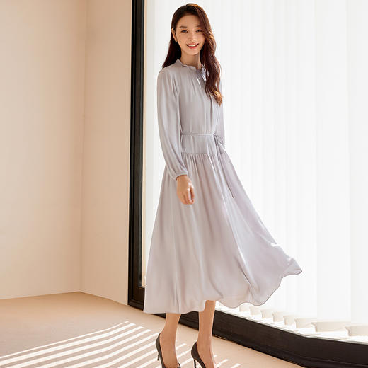 玳莎重磅真丝连衣裙2025春季新品优雅花苞领长袖中长款桑蚕丝裙子  FA35302 商品图1