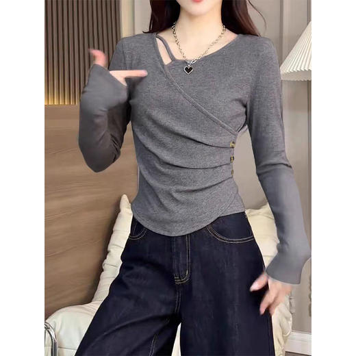  春秋季 【260克莫代尔螺纹】长袖T恤女装 打底衫内搭外搭不规褶皱 商品图3