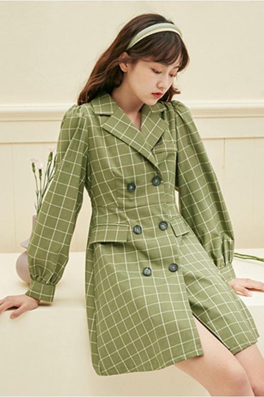 OECE 西装领格纹收腰连衣裙 11575 商品图1