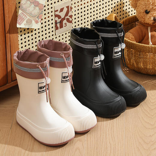 【束口雨鞋】男女童水靴 中学生中大童雨靴 加绒水鞋 防滑外穿防水胶鞋 商品图0