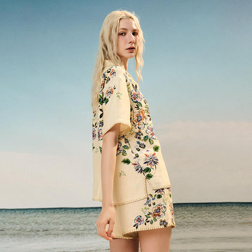 Soloseta女士海边度假风短袖短裤套装丝麻印花睡衣2025年秋 商品图2