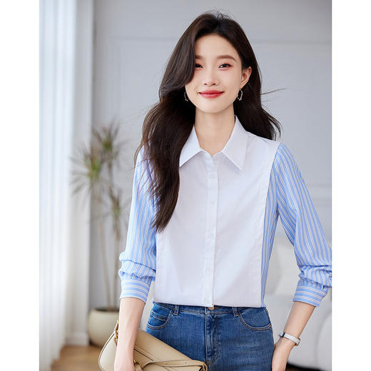 CC-QL-Y8553条纹衬衫女春秋2025新款设计感小众职业气质白色拼接长袖衬衣 商品图2