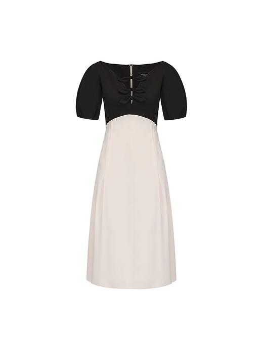 【塞纳旋律 】兔耳蝴蝶结弧型撞色拼接A字连衣裙 商品图4