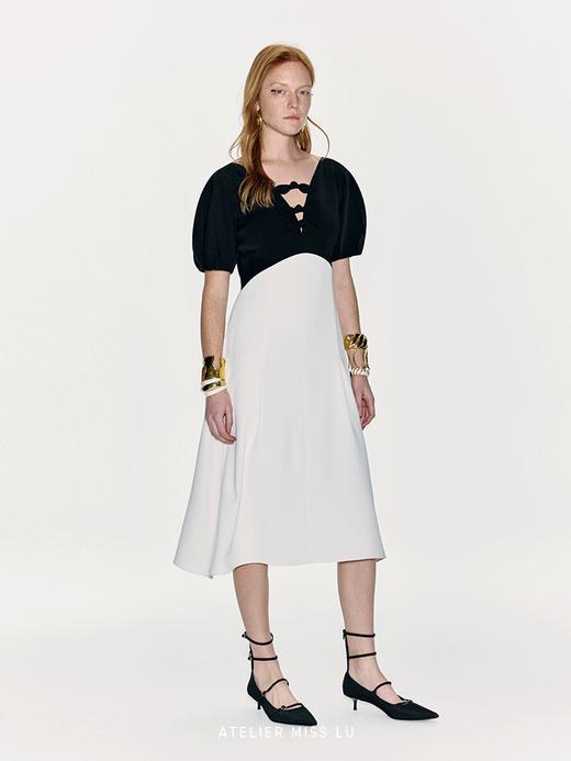 【塞纳旋律 】兔耳蝴蝶结弧型撞色拼接A字连衣裙 商品图2