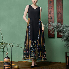 【林栖设计小店】【孟庭苇同款】真丝轻凉马面连衣裙印花黑色新中式2025春季新品长裙女1951066