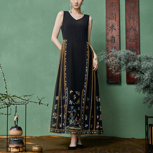【林栖设计小店】【孟庭苇同款】真丝轻凉马面连衣裙印花黑色新中式2025春季新品长裙女1951066 商品图0