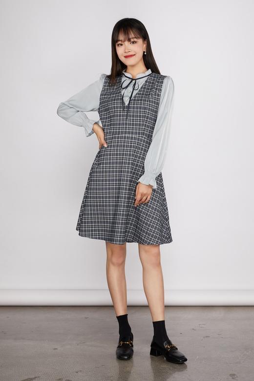 Le Malene 灰蓝格纹假两件连衣裙 11556 商品图1