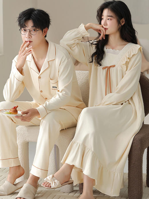 【情侣睡衣】春秋款 纯棉长袖睡裙女 秋季长款公主风家居服 男士休闲套装  商品图5