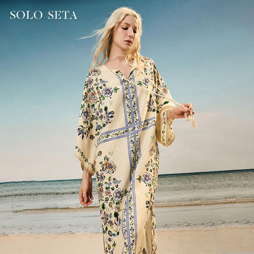 Solo seta女士海边度假风睡裙丝麻印花宽松连衣裙2025年春夏 商品图0