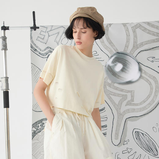 谜底短款针织衫短袖2025春季新品百搭宽松套头圆领上衣251MZ0385 商品图1