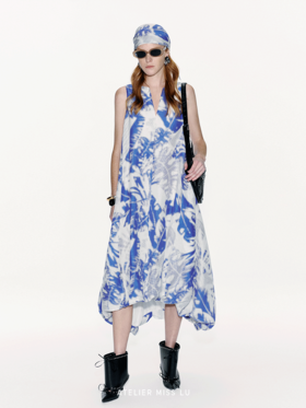 【雨林漫步】品牌定染印花桑蚕丝亚麻混纺露背花苞连衣裙