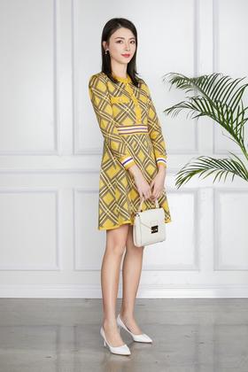 Le Malene 黄色格纹X型毛衫连衣裙 11557