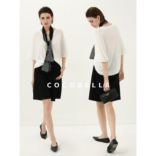 COCOBELLA简约微透视白色V领短袖T恤女夏蝙蝠袖针织衫TS7081 商品图2