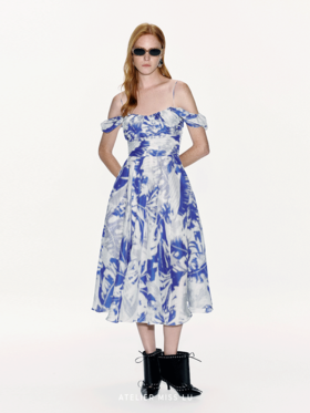 【海滨微风】品牌定染印花桑蚕丝亚麻混纺吊带连衣裙